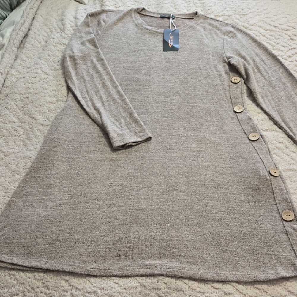 OFEEFAH Women's Taupe Tunic Dress Pockets, Long Sleeves, Crew Neck, Buttons Side